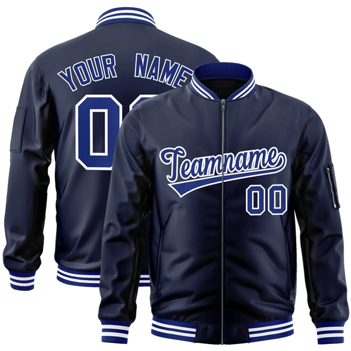 Navy Royal-White Full-Zip Varsity Letterman Bomber Jacket