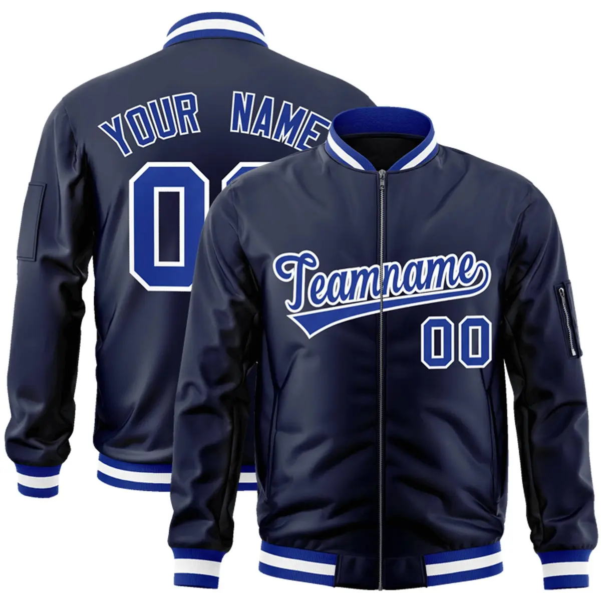 Navy Royal-White Full-Zip Varsity Letterman Bomber Jacket