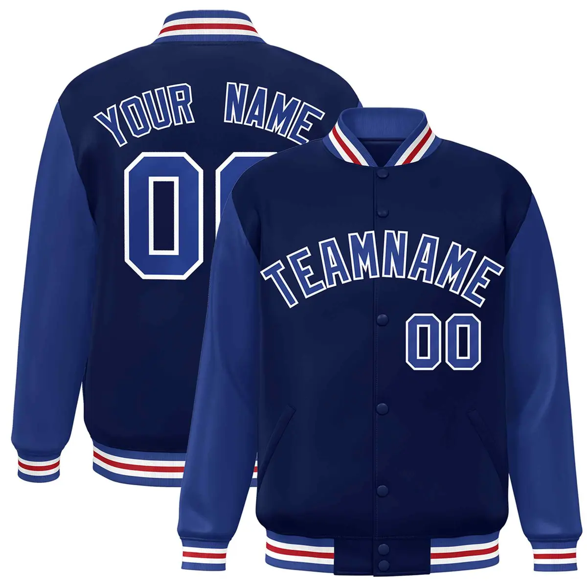 Navy Royal-White Raglan Varsity Full-Snap Letterman Jacket