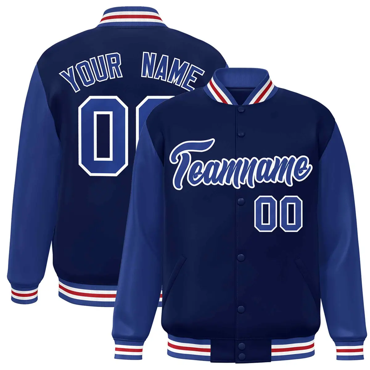 Navy Royal-White Raglan Varsity Full-Snap Letterman Jacket