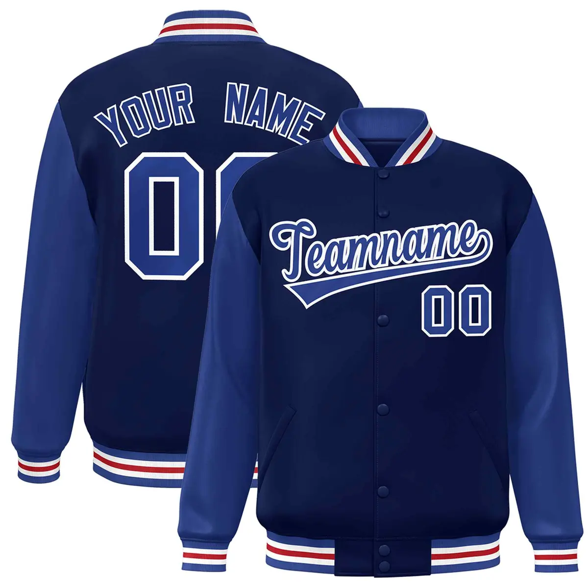 Navy Royal-White Raglan Varsity Full-Snap Letterman Jacket