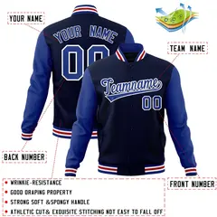 Navy Royal-White Raglan Varsity Full-Snap Letterman Jacket 4