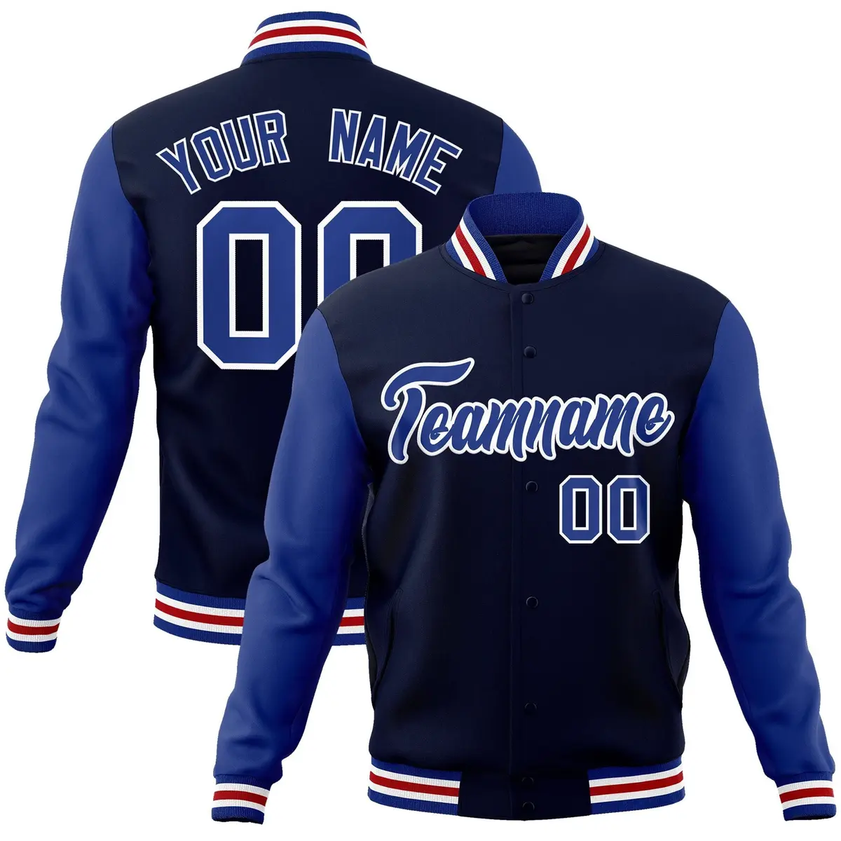 Navy Royal-White Raglan Varsity Full-Snap Letterman Jacket