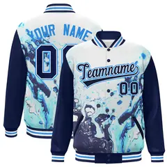 Navy Royal White Tie Dye Graffiti Pattern Varsity Letterman Jacket