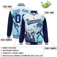 Navy Royal White Tie Dye Graffiti Pattern Varsity Letterman Jacket 2