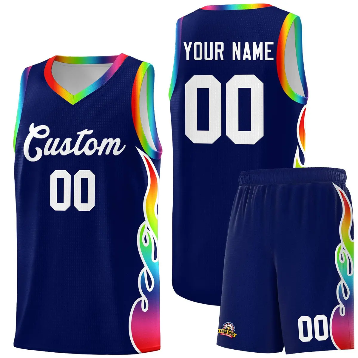 Navy Side Flame Pattern Sports Basketball Jersey