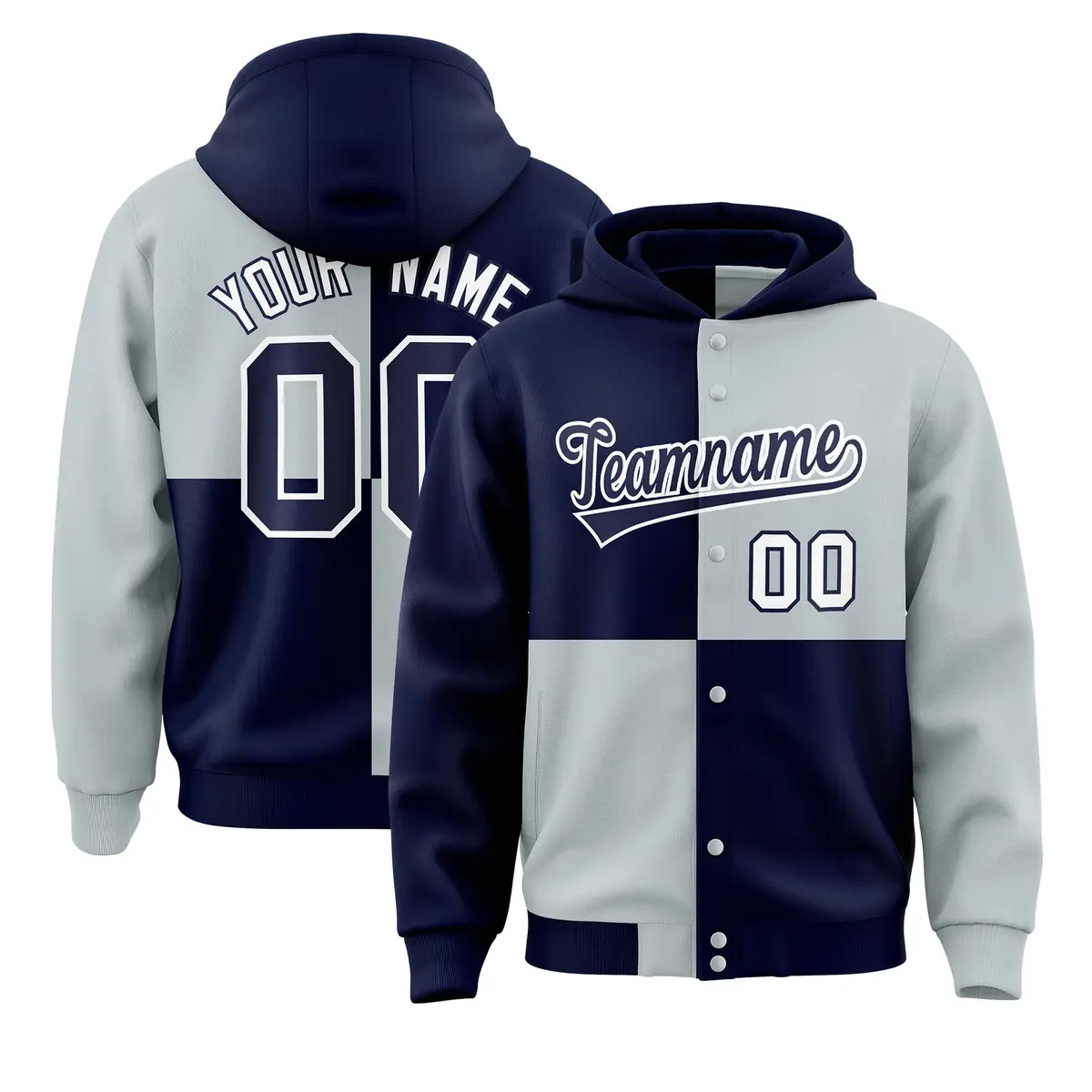 Navy Silver Color Block Varsity Letterman Jacket Hoodie