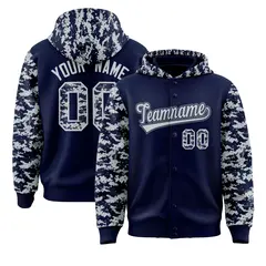 Navy Silver-Gray Camo Raglan Varsity Letterman Hoodie Jacket