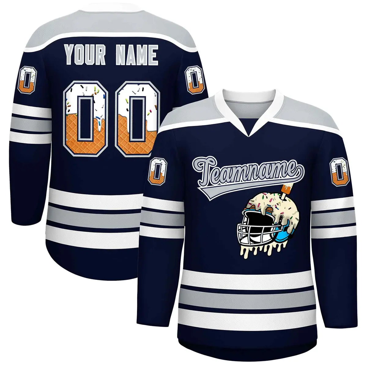 Navy Silver Ice Cream Helmet Pattern Hockey Jersey
