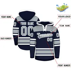 Navy Silver Raglan Lace-Up Neck Hockey Hoodie Jersey 2