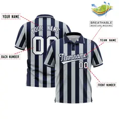 Navy Silver Vertical Stripes Performance Polo Shirt 2