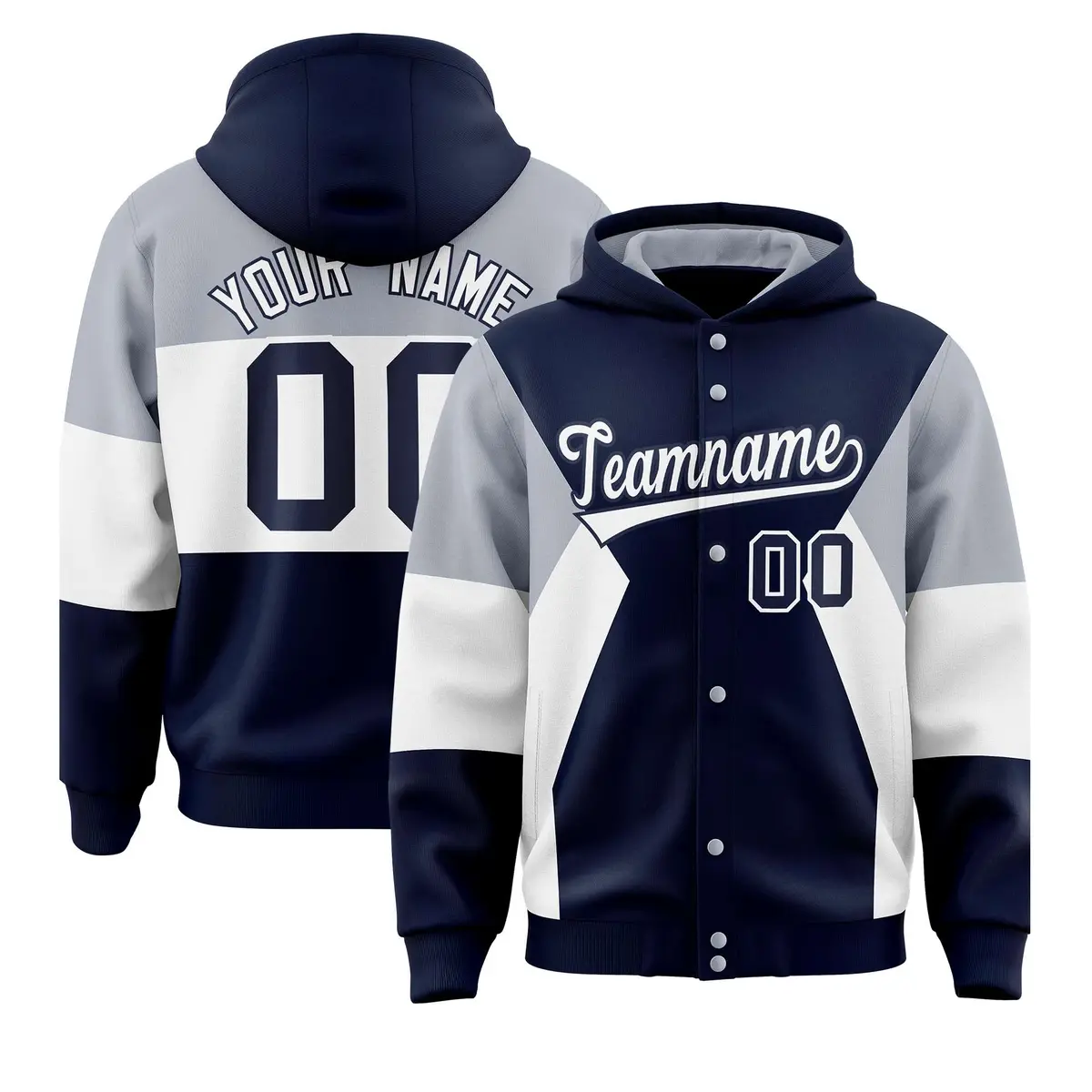 Navy Silver-White Color Block Varsity Letterman Jacket Hoodie