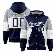 Navy Silver-White Color Block Varsity Letterman Jacket Hoodie