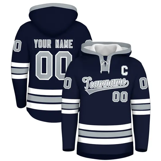 Navy Silver Wrinkle-Resistant Lace-Up Neck Hockey Hoodie