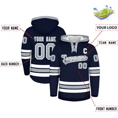 Navy Silver Wrinkle-Resistant Lace-Up Neck Hockey Hoodie 2