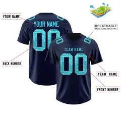 Navy Sky Blue Sequin Lettering Football Jersey 2