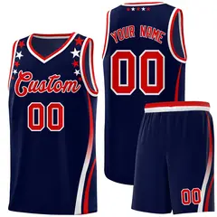 Navy Star Pattern Color Block Shoulders Basketball Jersey