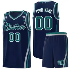 Navy Star Pattern Color Block Shoulders Basketball Jersey 1