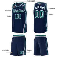 Navy Star Pattern Color Block Shoulders Basketball Jersey 5
