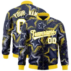 Navy Star Pattern Varsity Full-Zip Letterman Bomber Jacket 1