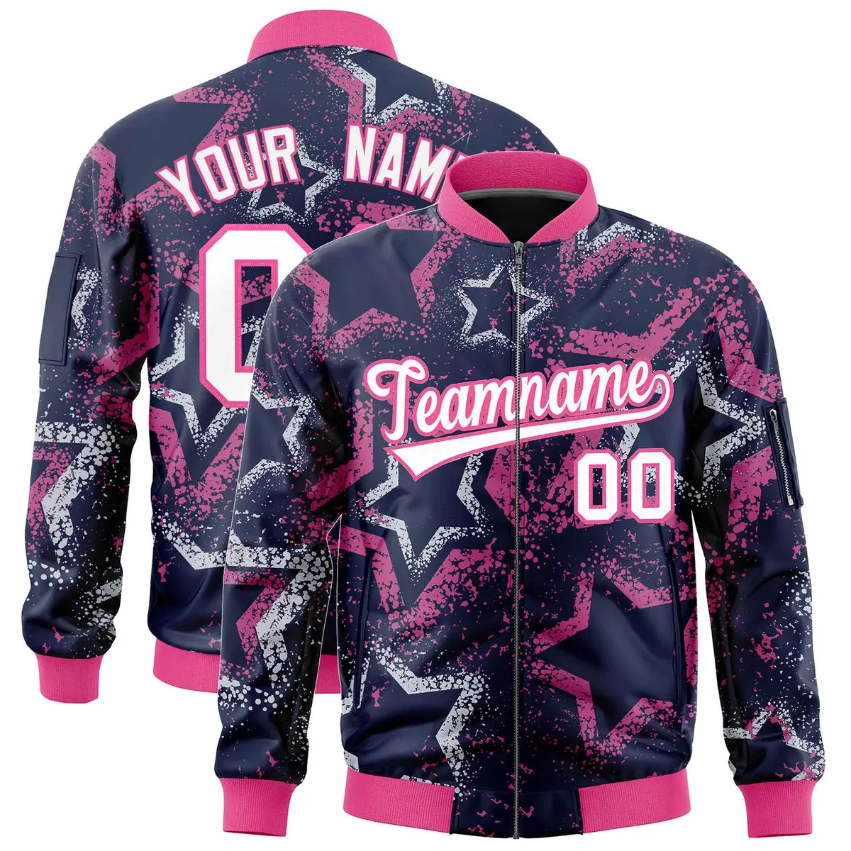 Navy Star Pattern Varsity Full-Zip Letterman Bomber Jacket