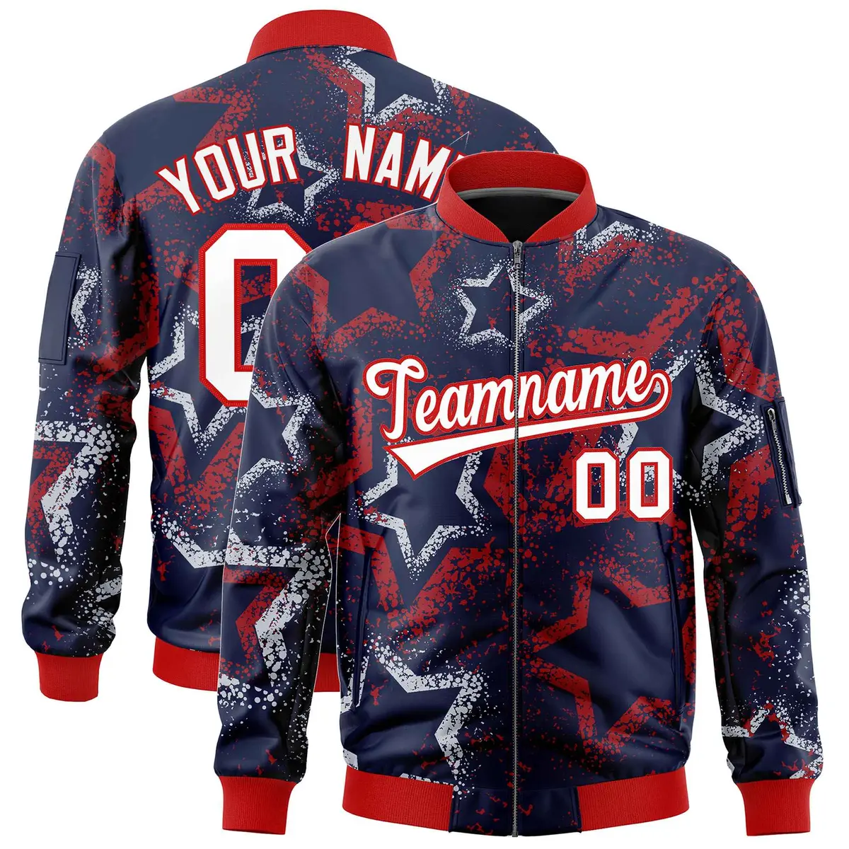 Navy Star Pattern Varsity Full-Zip Letterman Bomber Jacket