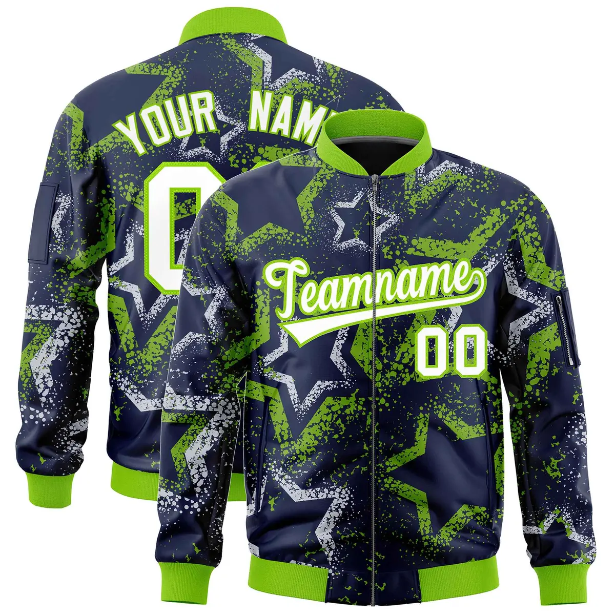 Navy Star Pattern Varsity Full-Zip Letterman Bomber Jacket