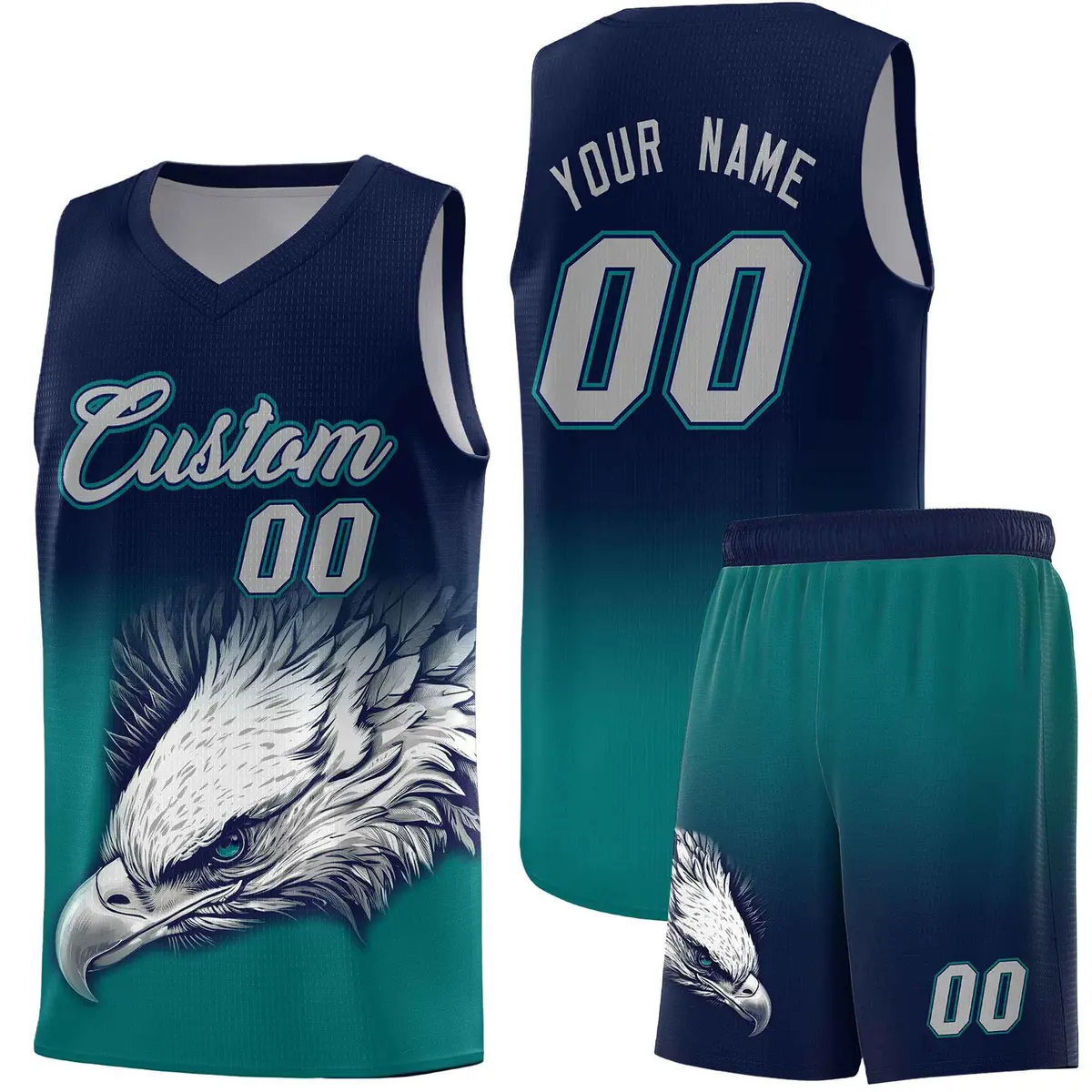 Navy Teal Eagle Graffiti Pattern Basketball Jersey