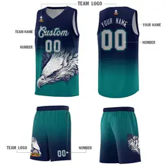 Navy Teal Eagle Graffiti Pattern Basketball Jersey 3