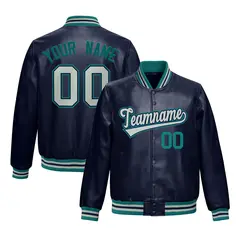 Navy Teal Faux Leather Letterman Jacket Full-Snap Varsity 1