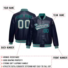 Navy Teal Faux Leather Letterman Jacket Full-Snap Varsity 2