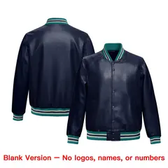 Navy Teal Faux Leather Letterman Jacket Full-Snap Varsity 6