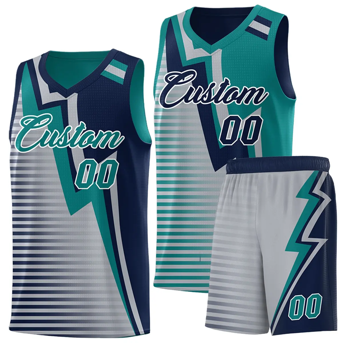Navy Teal Gray Gradient Lightning Stripes Reversible Basketball Jersey