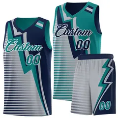 Navy Teal Gray Gradient Lightning Stripes Reversible Basketball Jersey