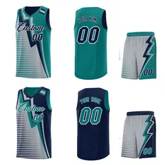 Navy Teal Gray Gradient Lightning Stripes Reversible Basketball Jersey 2