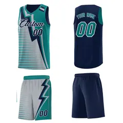 Navy Teal Gray Gradient Lightning Stripes Reversible Basketball Jersey 5