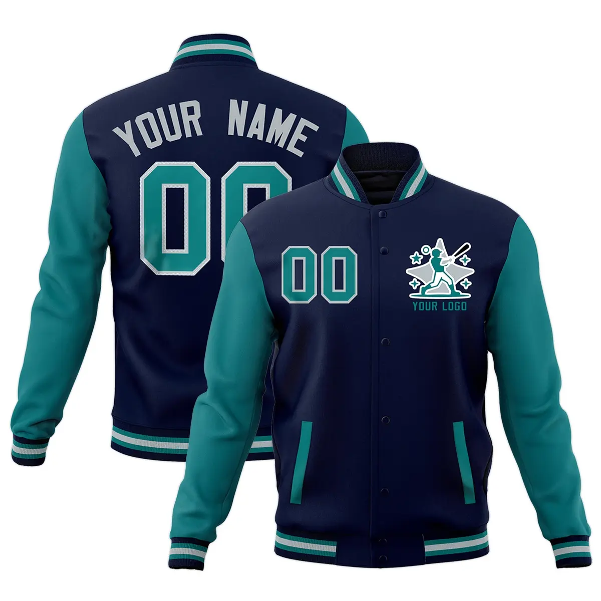 Navy Teal Gray Raglan Full-Snap Letterman Cotton Jacket