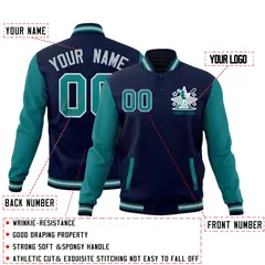 Navy Teal Gray Raglan Full-Snap Letterman Cotton Jacket 2