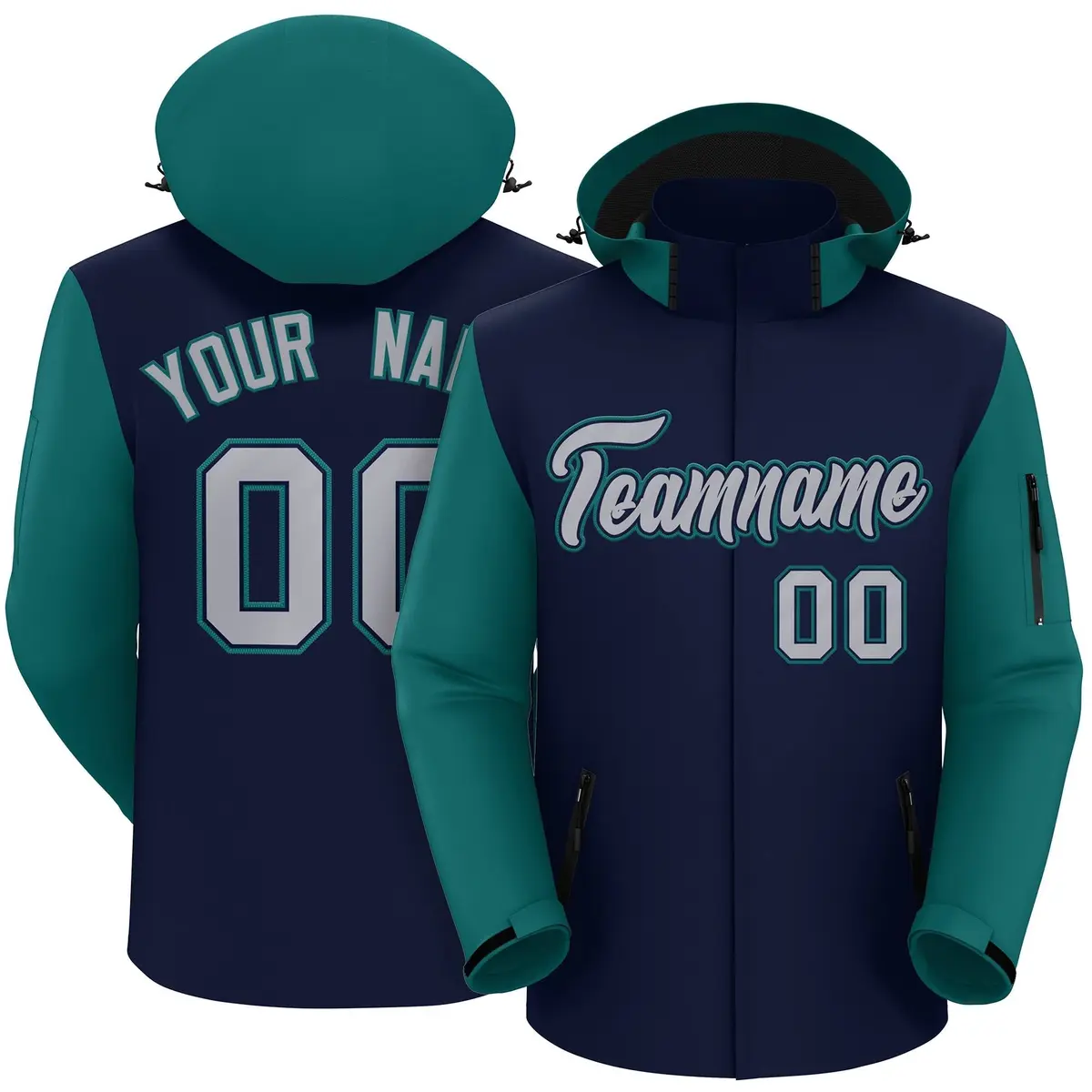 Navy Teal-Gray Raglan Sleeves Waterproof Jacket