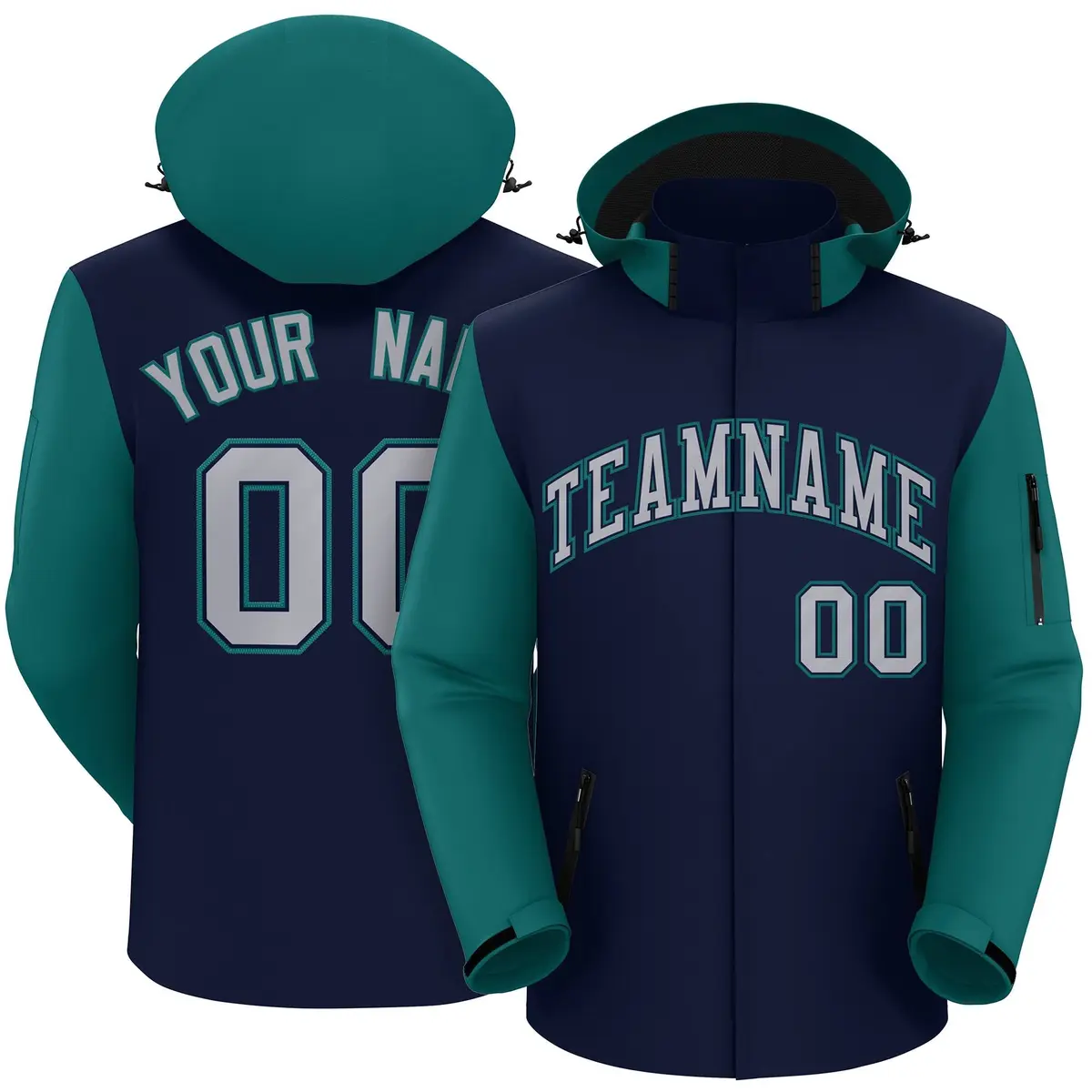 Navy Teal-Gray Raglan Sleeves Waterproof Jacket