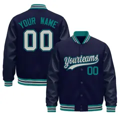 Navy Teal Gray Varsity Jacket Leather Sleeves Wrinkle-Resistant