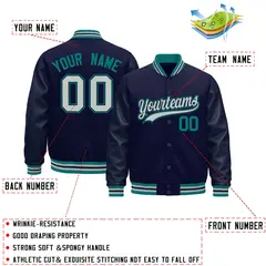 Navy Teal Gray Varsity Jacket Leather Sleeves Wrinkle-Resistant 2
