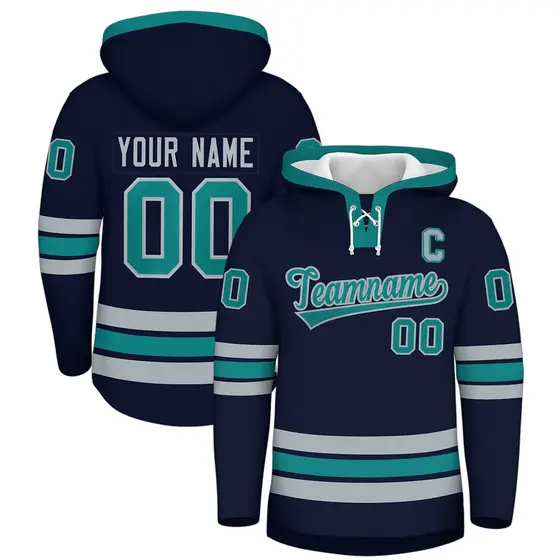 Navy Teal Lace-Up Neck Hockey Hoodie
