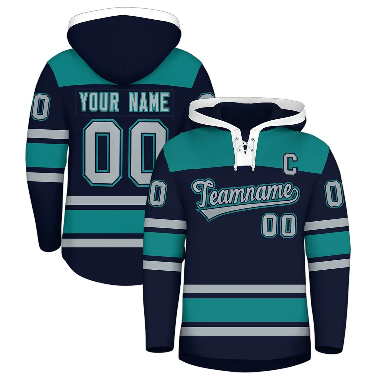 Navy Teal Raglan Lace-Up Neck Hockey Hoodie Jersey