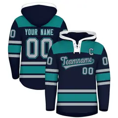 Navy Teal Raglan Lace-Up Neck Hockey Hoodie Jersey 1