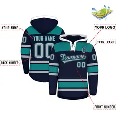 Navy Teal Raglan Lace-Up Neck Hockey Hoodie Jersey 2