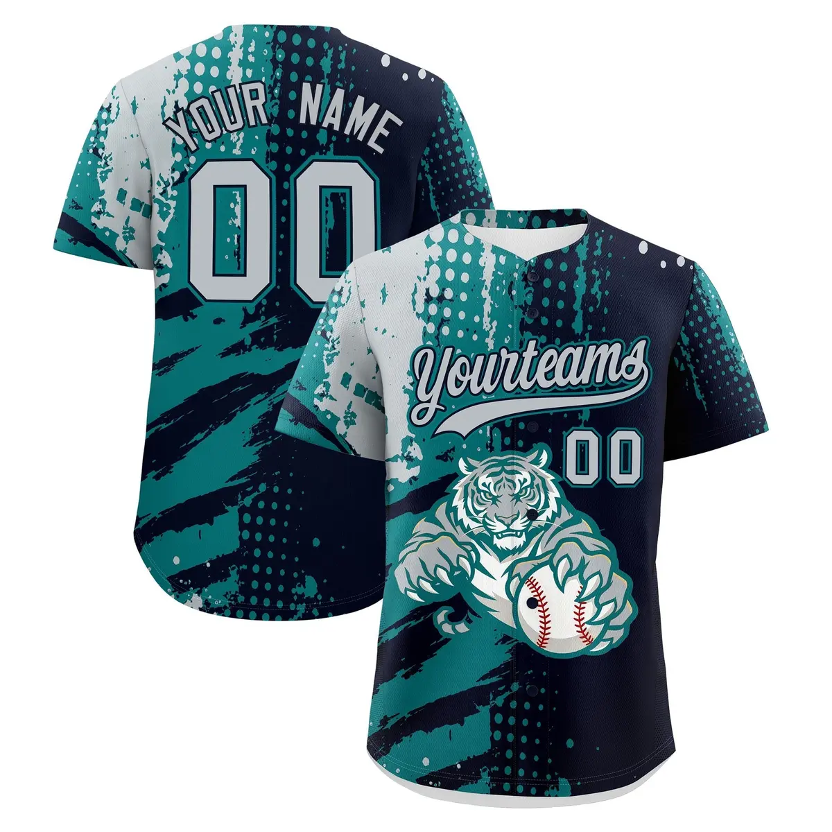 Navy Teal Silver Full-Snap Tiger Graffiti Baseball Jersey