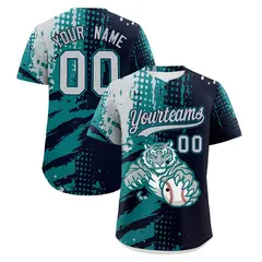 Navy Teal Silver Full-Snap Tiger Graffiti Baseball Jersey 1
