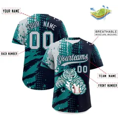 Navy Teal Silver Full-Snap Tiger Graffiti Baseball Jersey 2