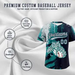 Navy Teal Silver Full-Snap Tiger Graffiti Baseball Jersey 3
